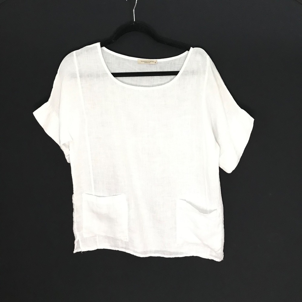 Francesca Bettini Size M 100% Linen Top Made In Italy White Shirt Pockets - Picture 11 of 11
